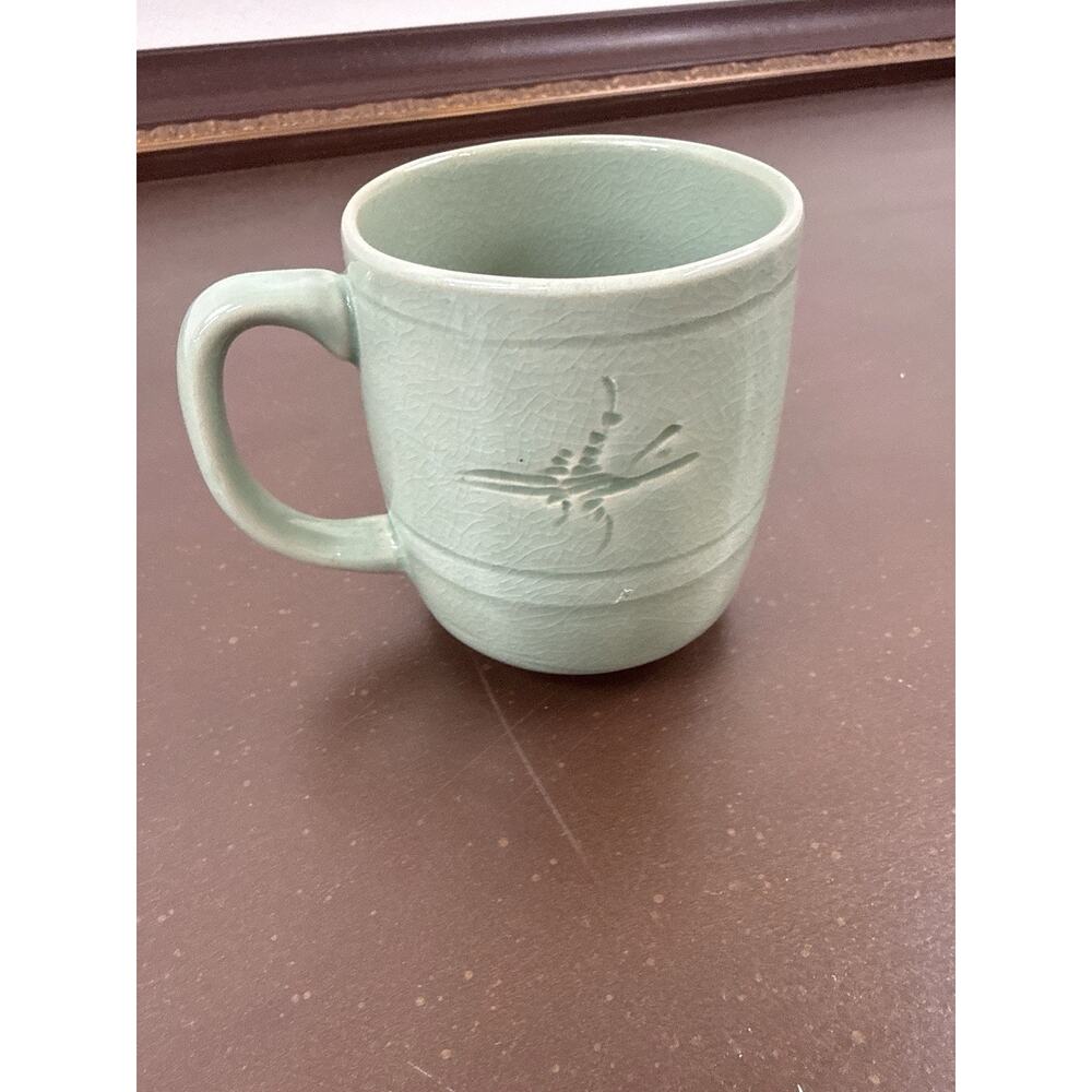 Vintage Celadon Crackle Glaze Dragonfly Mug Japanese Pottery Tea Cup